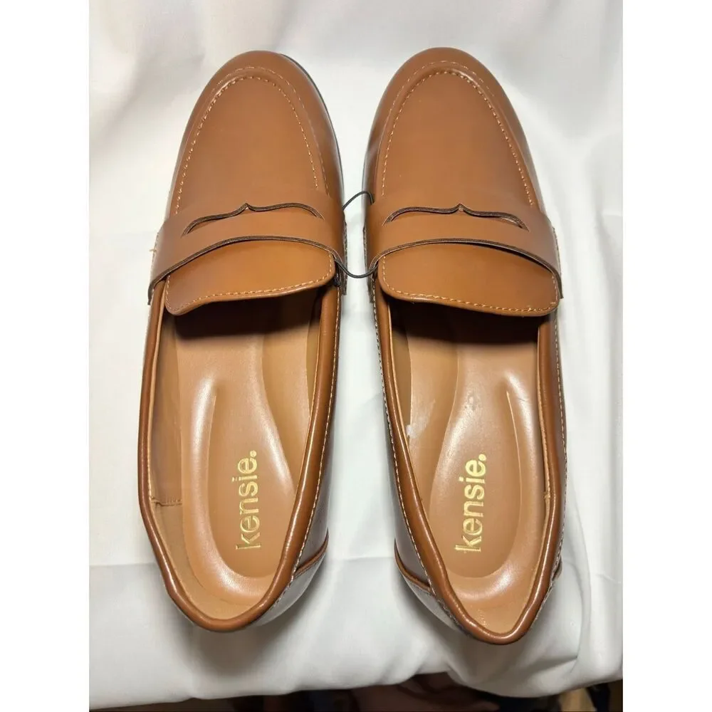 Kensie Penny Loafer Gitty Slip-on Driver Shoes Faux Smooth Leather Cognac